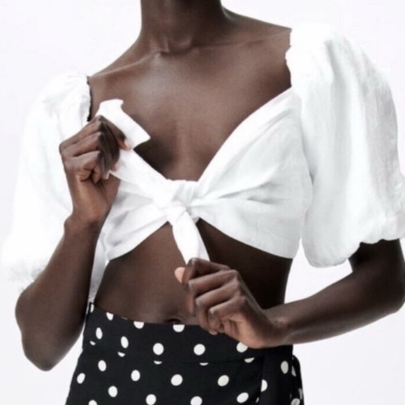 Zara Puff sleeves Tie Linen Top White color Sz XS - Picture 4 of 11